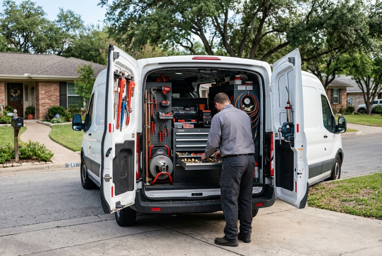 Stocked service vehicle ready for dispatch to a San Antonio job